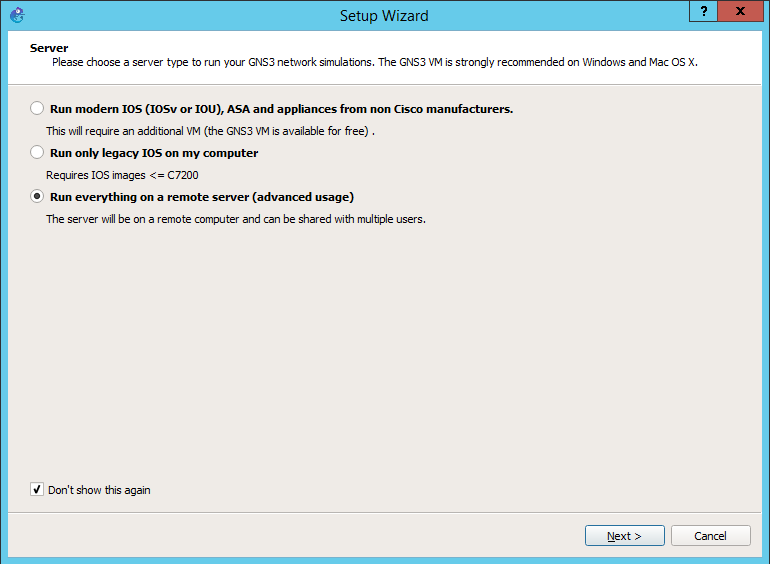 Choosing the main server to be remote in GNS3